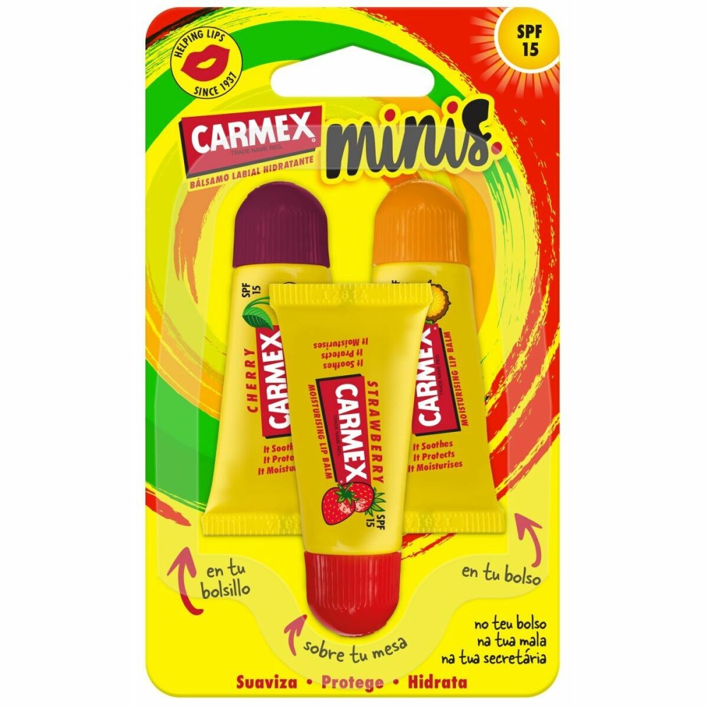 Balsam de buze hidratant Carmex Triplo Transparent Spf 15 Căpșună Ananas Cireșe 3 Piese (3 Unități)
