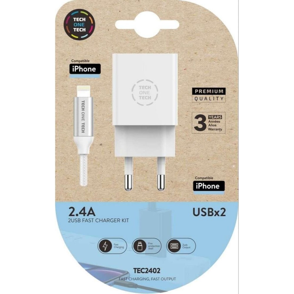 Încărcător de Perete + Cablu Lightning MFI Tech One Tech TEC2402 Alb Double Lightning