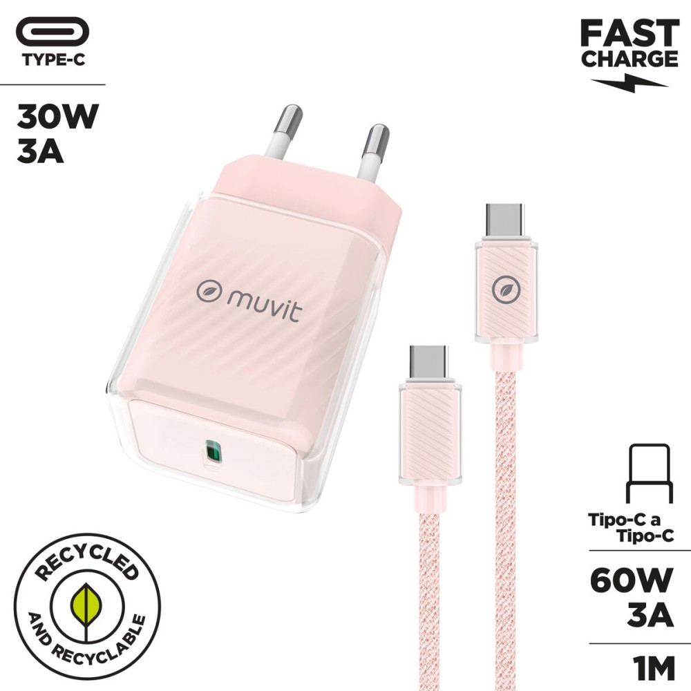 Încărcător de Perete + Cablu USB-C Muvit for Change  Glass GaN Roz