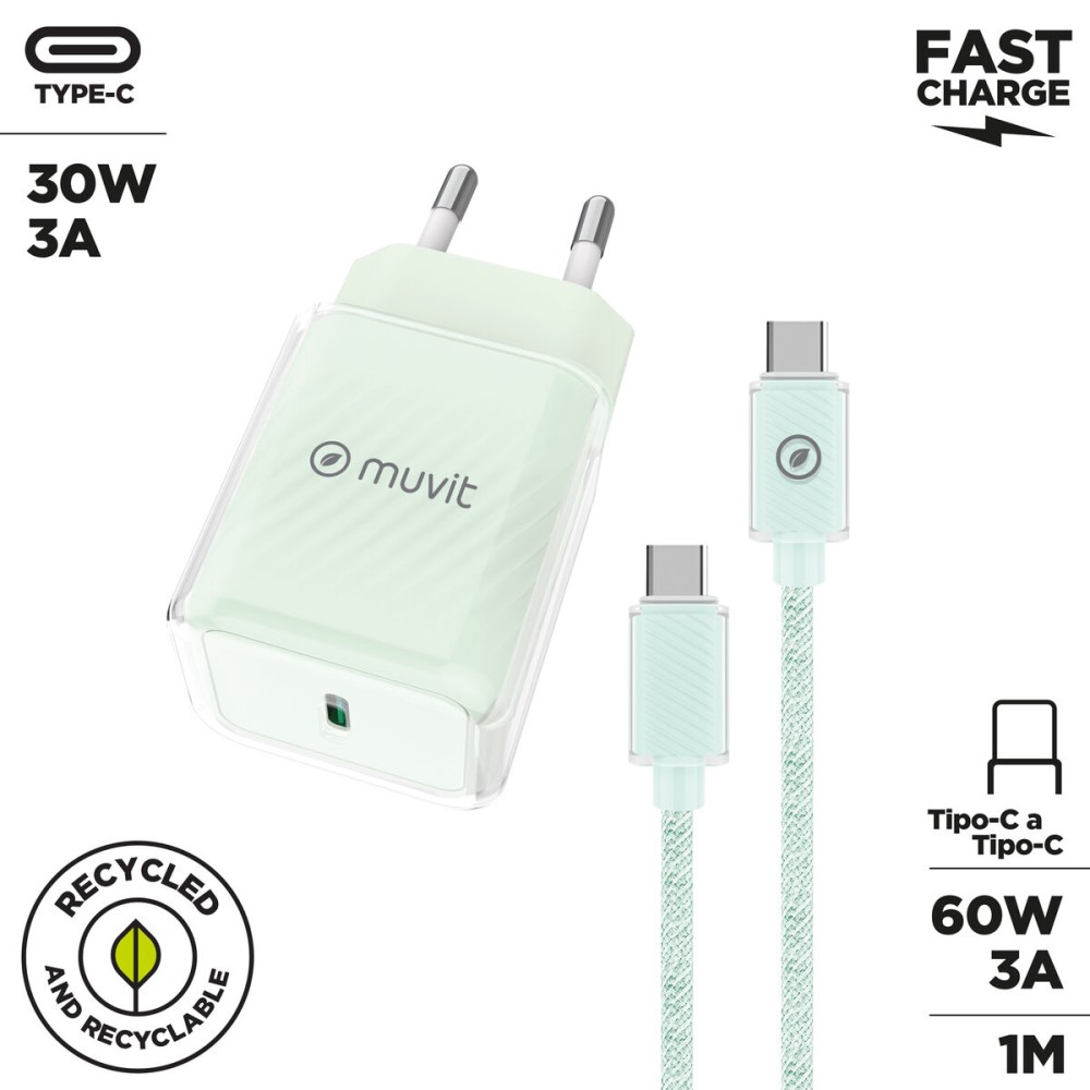 Încărcător de Perete + Cablu USB-C Muvit for Change  Glass GaN Verde