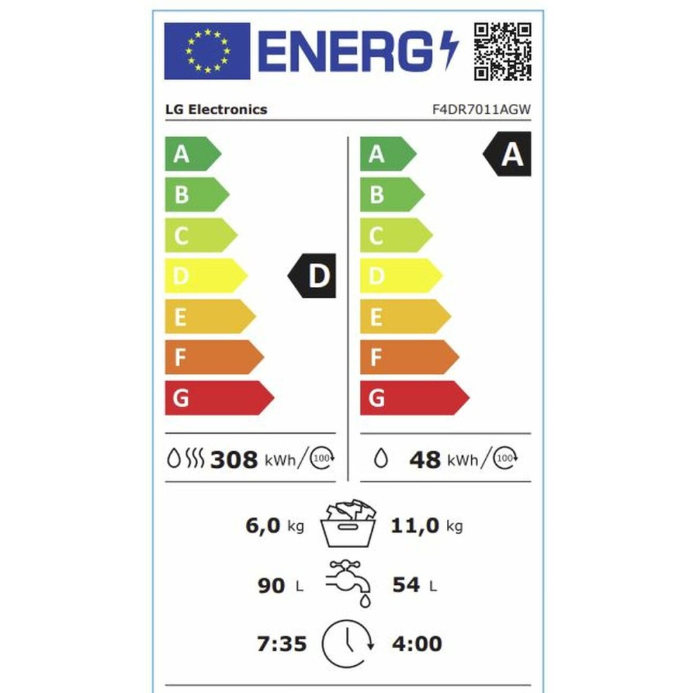 Washer - Dryer LG F4DR7011AGW 1400 rpm 11 kg/6 kg Alb