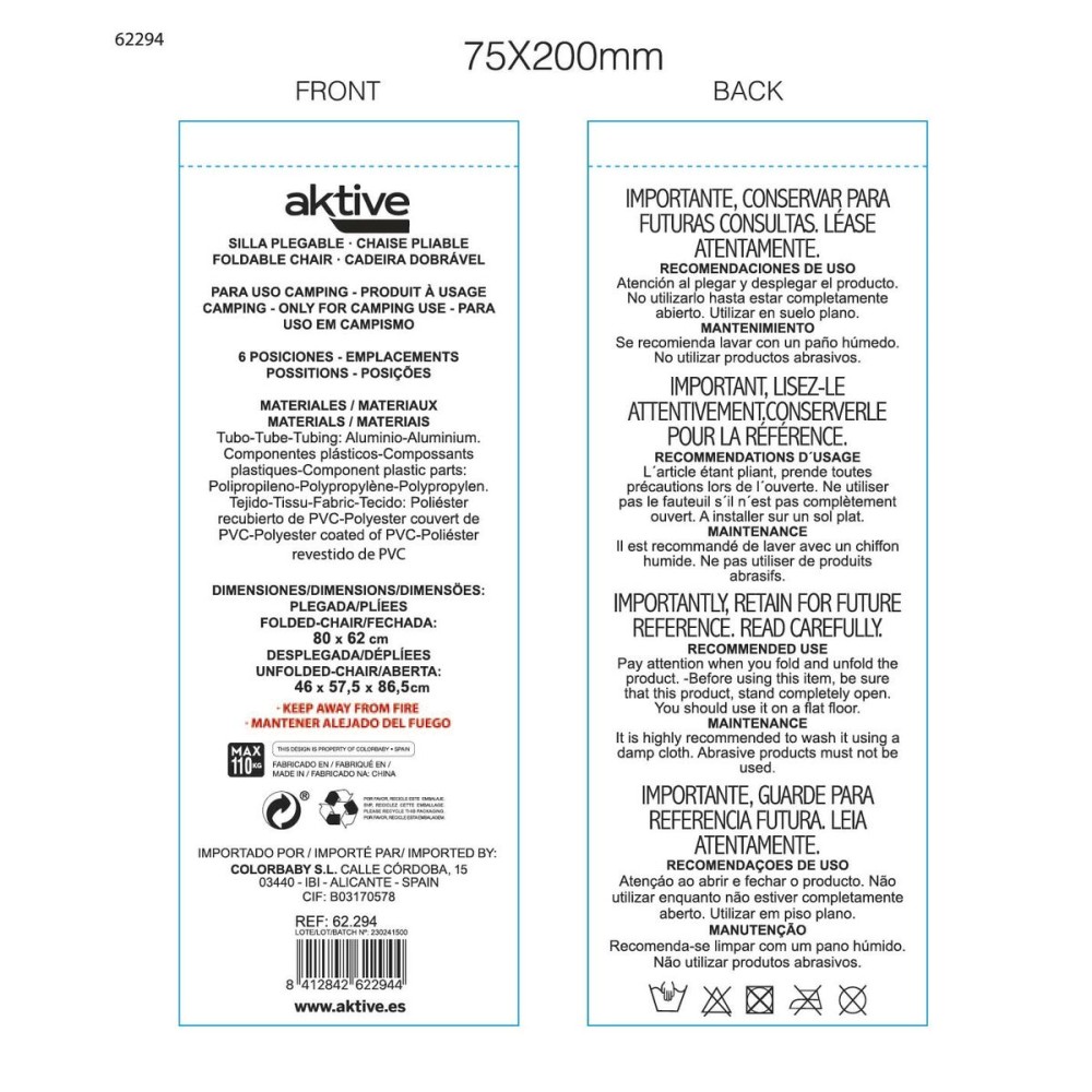 Scaunul Pliabil Aktive 47 x 57 x 89 cm Gri