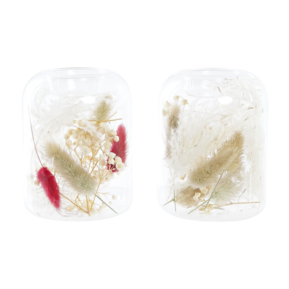 Suport de Lumânări DKD Home Decor Bej Castaniu Aluminiu Geam 8 x 8 x 11 cm Floare uscată (2 Unități) (2 Piese)