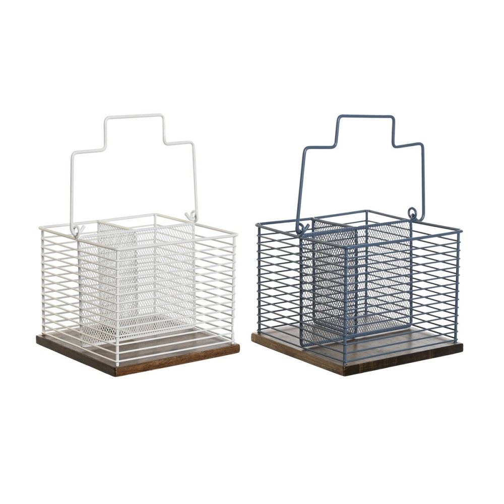 Coș de tacâmuri DKD Home Decor Albastru Alb Metal Lemn de cauciuc 18 x 18 x 15 cm (2 Unități)