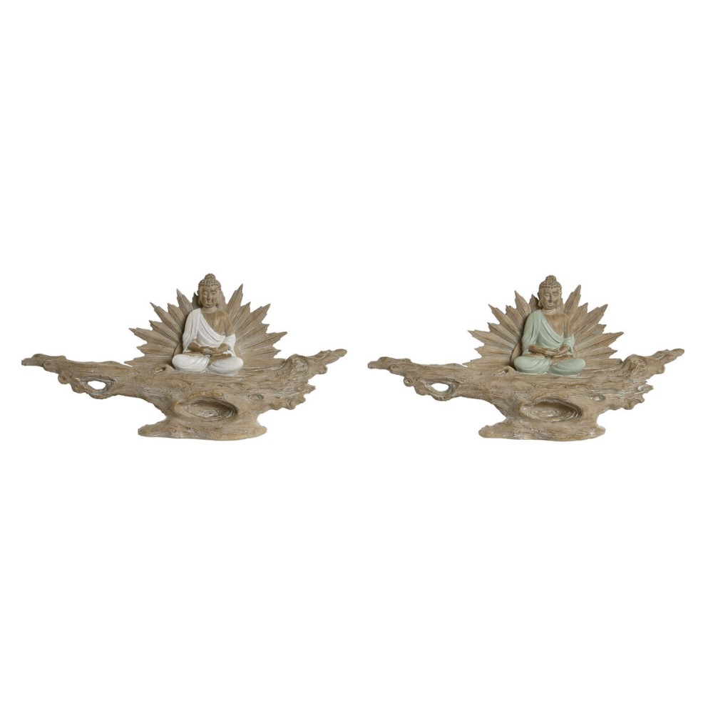 Figură Decorativă Home ESPRIT Alb Verde Buda Oriental 30 x 6 x 15 cm (2 Unități)