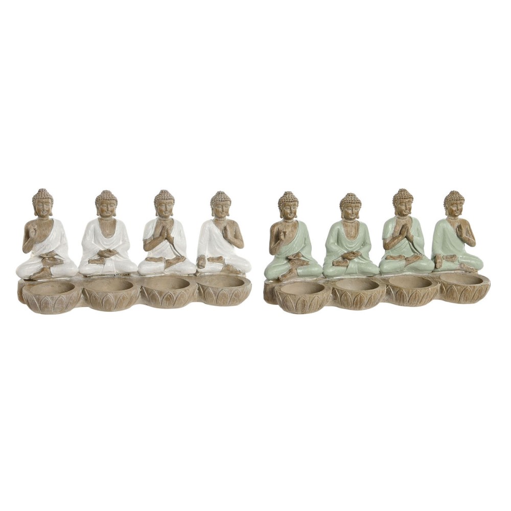 Figură Decorativă Home ESPRIT Alb Verde Buda Oriental 24 x 9 x 11 cm (2 Unități)