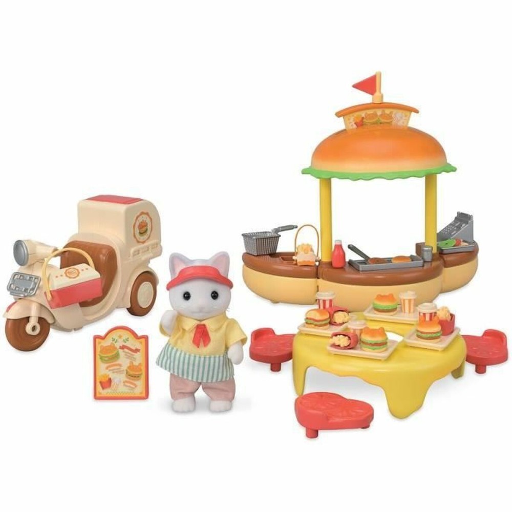 Accesorii pentru căsuțe de păpuși Sylvanian Families Puesto de hamburguesas - Papa Latte Cat y Scooter 30 Piese