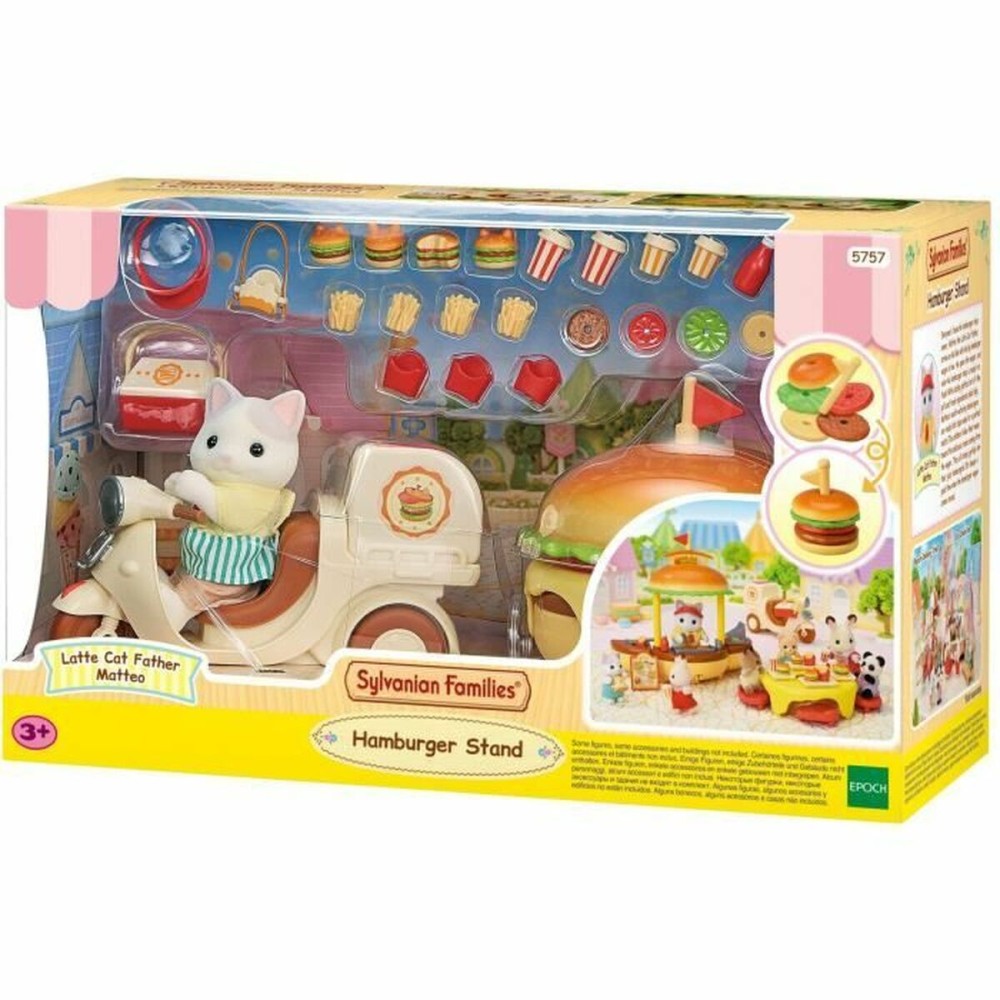 Accesorii pentru căsuțe de păpuși Sylvanian Families Puesto de hamburguesas - Papa Latte Cat y Scooter 30 Piese