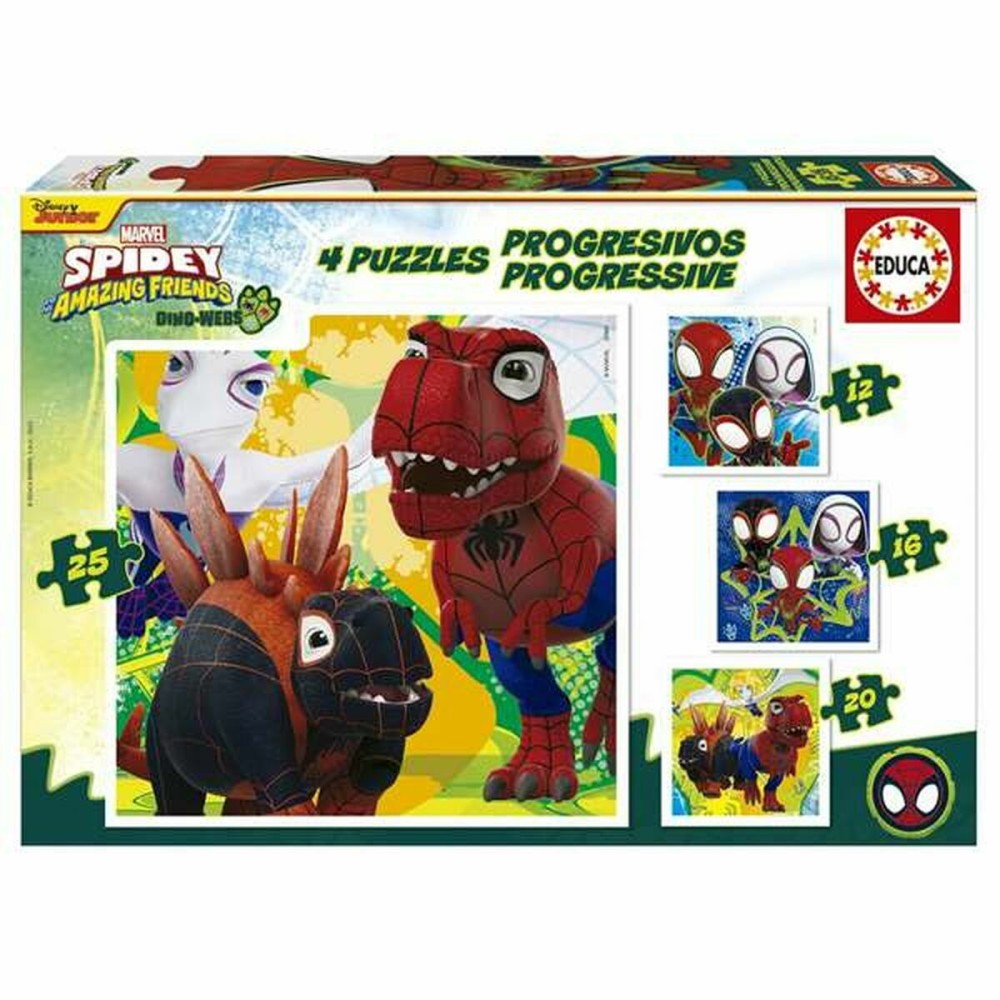 Set de 4 Puzzle-uri Educa Dino Spidey 12 Piese 16 Piese 20 Piese 25 Piese (4 Unități)