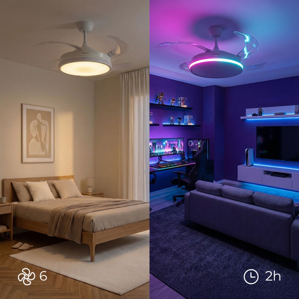 Ventilator de tavan cu lumină LED RGB, 4 pale retractabile și telecomandă InnovaGoods