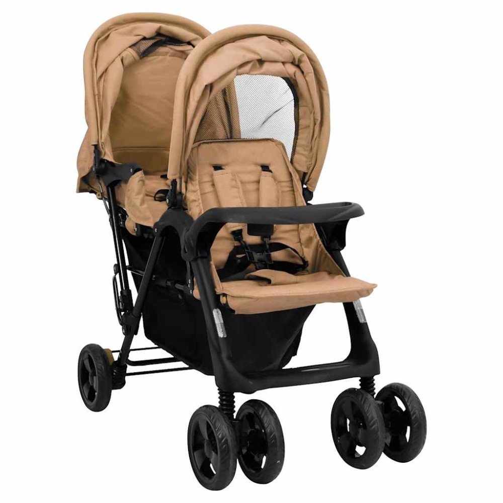 vidaXL Cărucior pentru gemeni în tandem, gri taupe, oțel