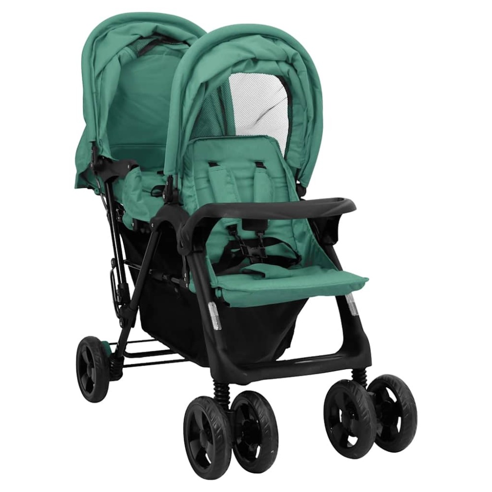 vidaXL Cărucior pentru gemeni în tandem, verde, oțel