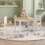 vidaXL Set masă&scaune pentru copii, 3 piese, alb și bej, MDF vidaXL Set masă&scaune pentru copii, 3 piese, alb și bej, MDF
