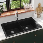 Chiuvetă de bucătărie din granit încastrată, cu două cuve, neagră Chiuvetă de bucătărie din granit încastrată, cu două cuve, neagră