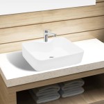 Chiuvetă de baie pătrată din ceramică cu gaură pentru robinet, alb Chiuvetă de baie pătrată din ceramică cu gaură pentru robinet, alb