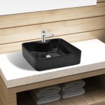 Chiuvetă de baie pătrată din ceramică cu gaură pentru robinet, negru Chiuvetă de baie pătrată din ceramică cu gaură pentru robinet, negru