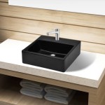 Chiuvetă de baie pătrată din ceramică cu gaură pentru robinet, negru Chiuvetă de baie pătrată din ceramică cu gaură pentru robinet, negru