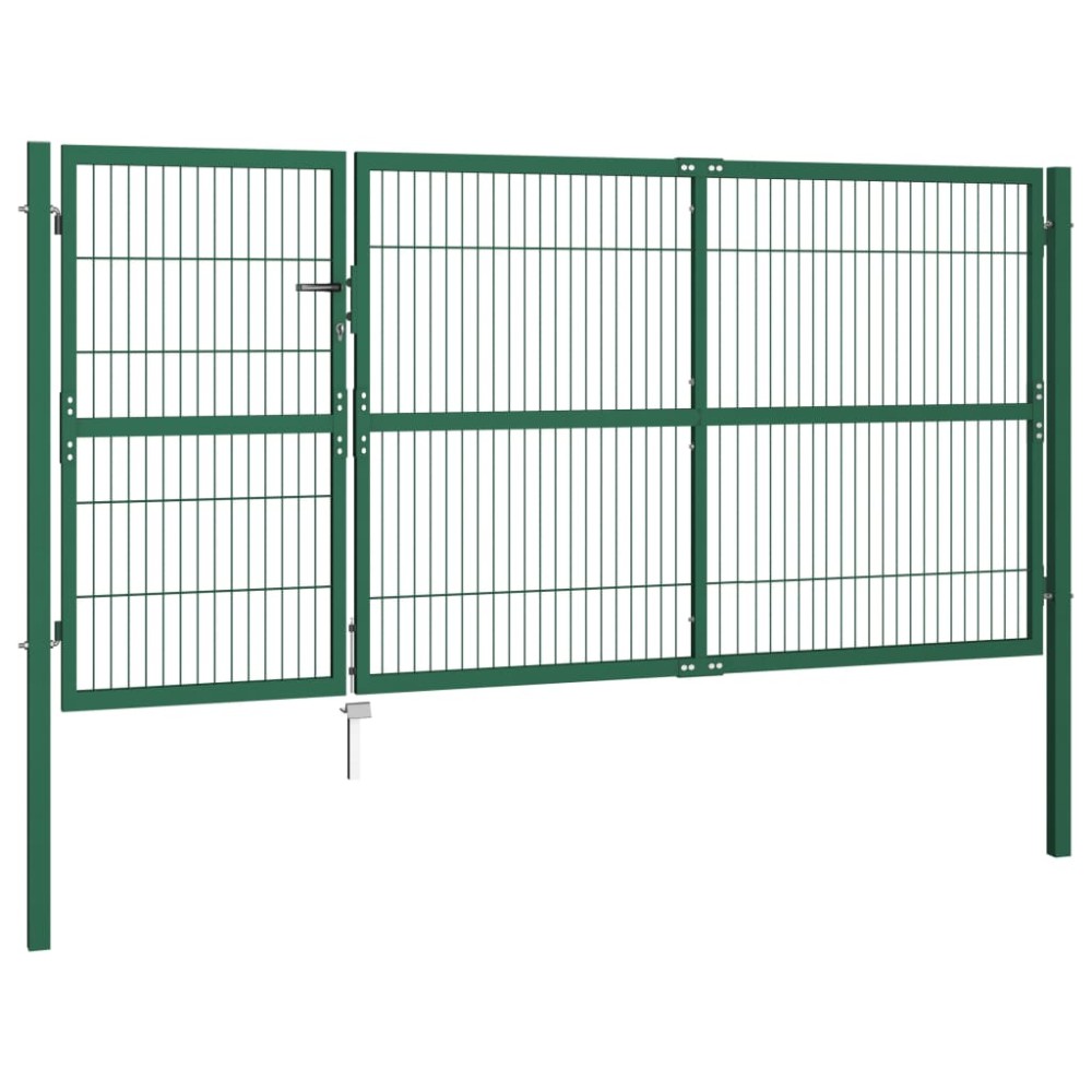 vidaXL Poartă gard de grădină cu stâlpi, verde, 350 x 140 cm, oțel