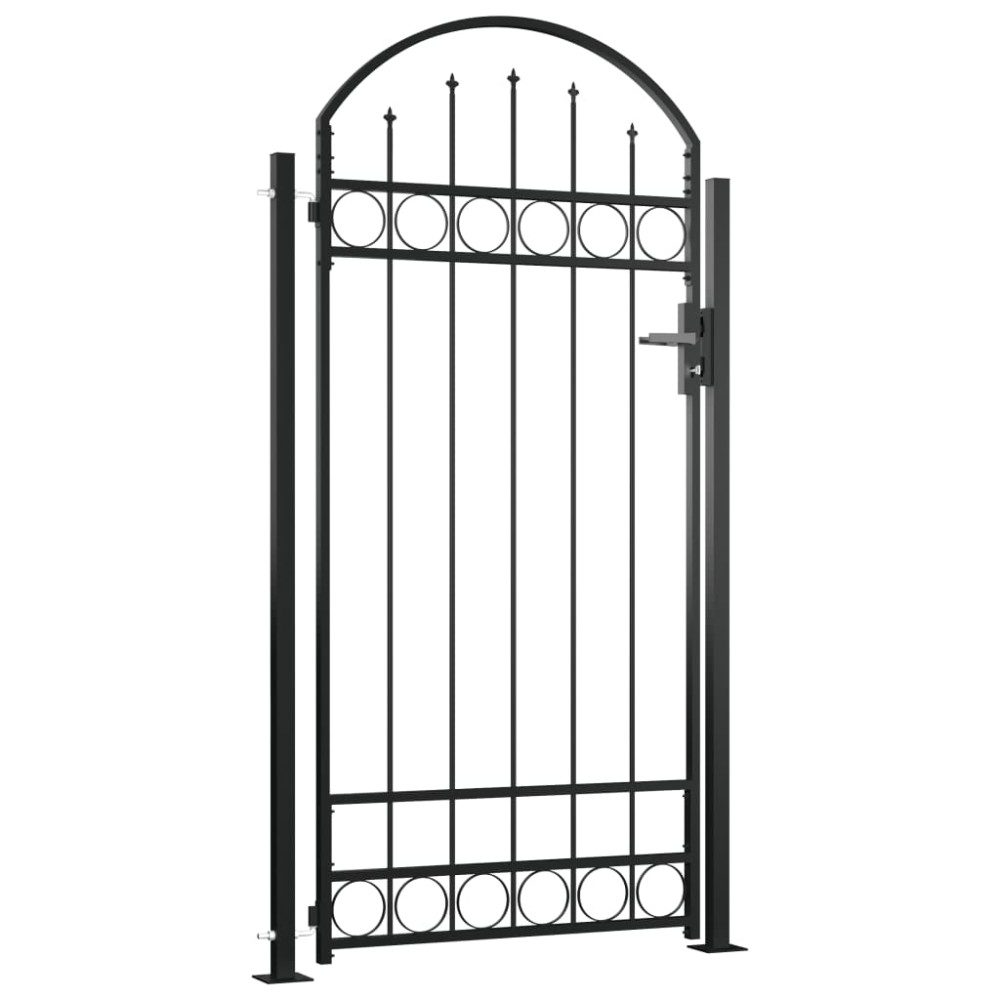vidaXL Poartă de gard cu vârf arcuit și 2 stâlpi, negru, 105 x 204 cm