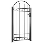vidaXL Poartă de gard cu vârf arcuit și 2 stâlpi, negru, 105 x 204 cm