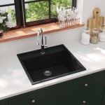 vidaXL Chiuvetă de bucătărie cu orificiu de preaplin, negru, granit vidaXL Chiuvetă de bucătărie cu orificiu de preaplin, negru, granit