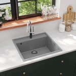 vidaXL Chiuvetă de bucătărie cu orificiu de preaplin, gri, granit vidaXL Chiuvetă de bucătărie cu orificiu de preaplin, gri, granit