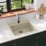 vidaXL Chiuvetă de bucătărie cu orificiu de preaplin, bej, granit vidaXL Chiuvetă de bucătărie cu orificiu de preaplin, bej, granit