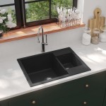 vidaXL Chiuvetă bucătărie dublă cu orificiu de preaplin, negru, granit vidaXL Chiuvetă bucătărie dublă cu orificiu de preaplin, negru, granit