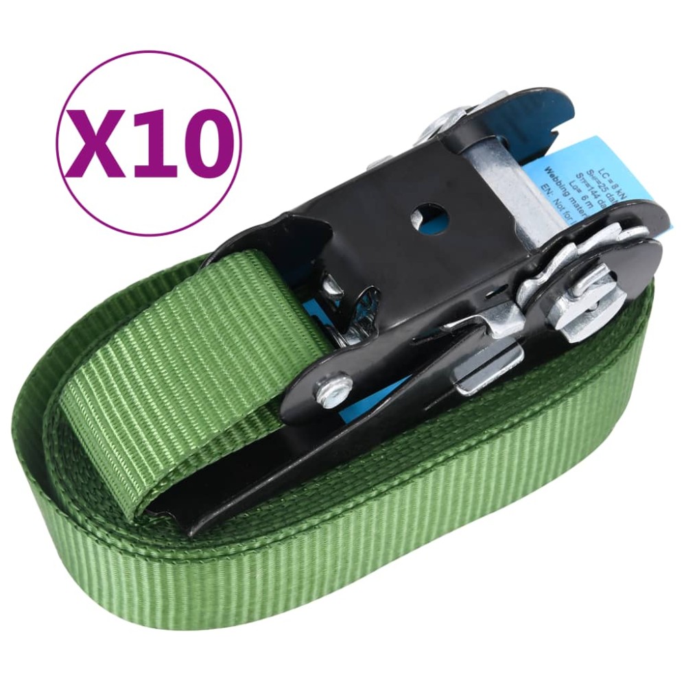 vidaXL Chingi de fixare cu clichet, 10 buc., verde, 6 m, 800 daN
