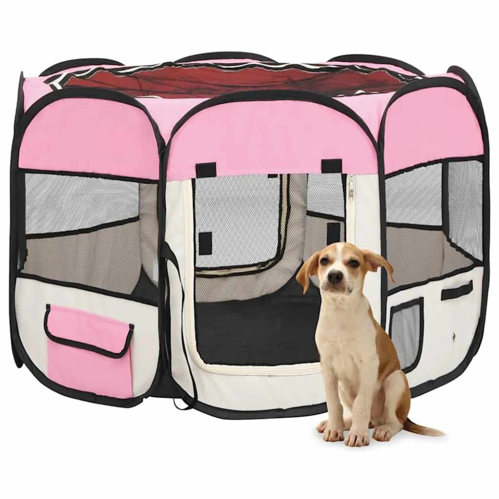 vidaXL Țarc joacă pliabil câini cu sac de transport roz 90x90x58 cm