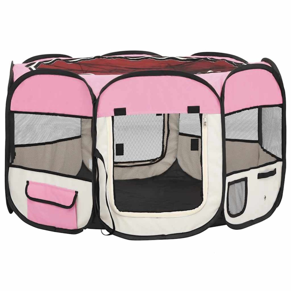 vidaXL Țarc joacă pliabil câini cu sac de transport roz 110x110x58 cm