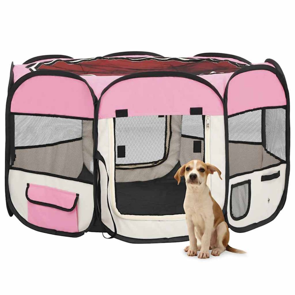 vidaXL Țarc joacă pliabil câini cu sac de transport roz 110x110x58 cm