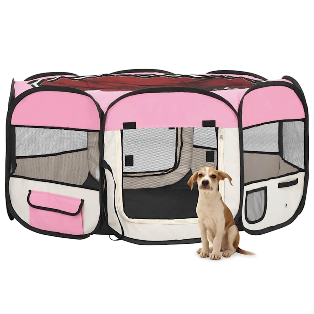 vidaXL Țarc de câini pliabil cu sac de transport, roz, 145x145x61 cm