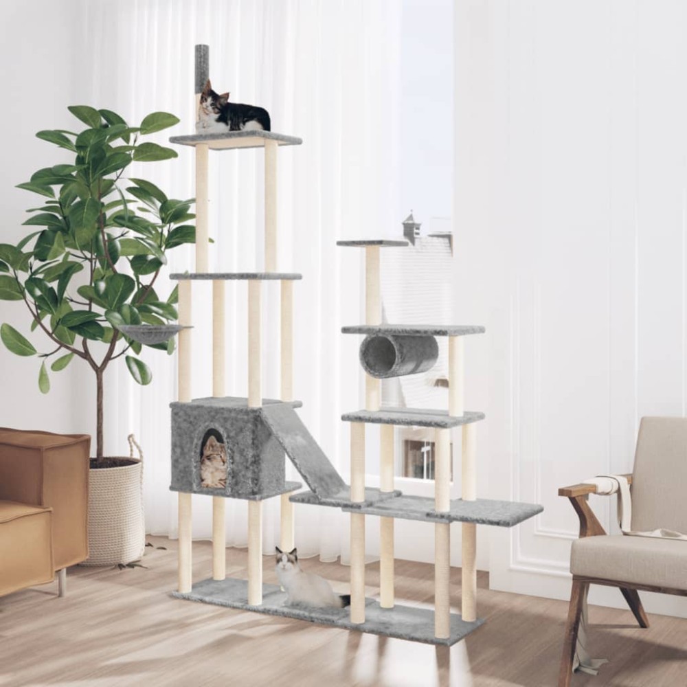 vidaXL Ansamblu pisici cu stâlpi din funie sisal, gri deschis, 279 cm