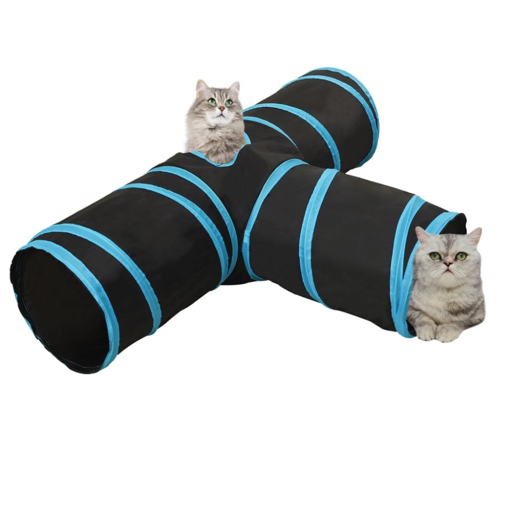 vidaXL Tunel pentru pisici 3 căi, negru și albastru, 90 cm, poliester