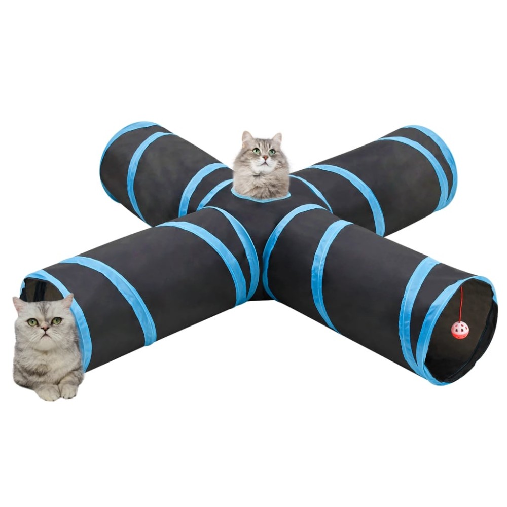 vidaXL Tunel pentru pisici 4 căi, negru și albastru, 132 cm, poliester