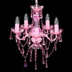 Lustră roz de cristal artificial cu 5 becuri Lustră roz de cristal artificial cu 5 becuri