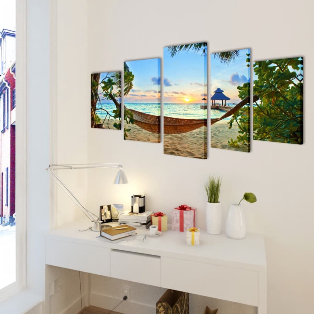 Set tablouri pânză cu imprimeu plajă cu nisip și hamac, 100 x 50 cm