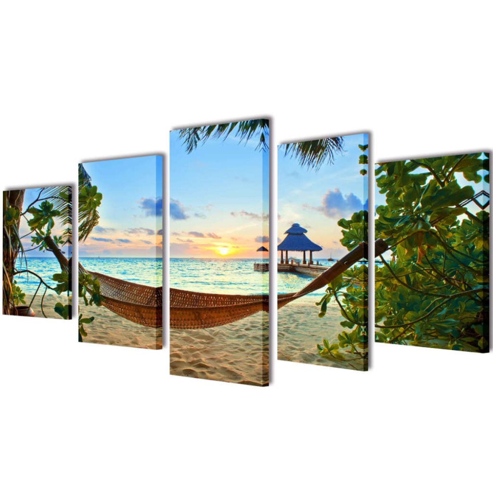 Set tablouri pânză cu imprimeu plajă cu nisip și hamac, 100 x 50 cm