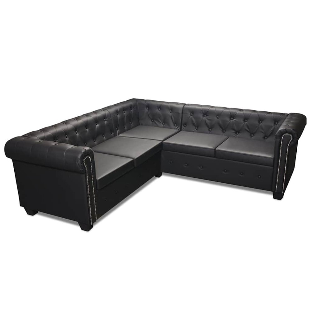vidaXL Canapea colț Chesterfield 5 locuri, negru, piele ecologică