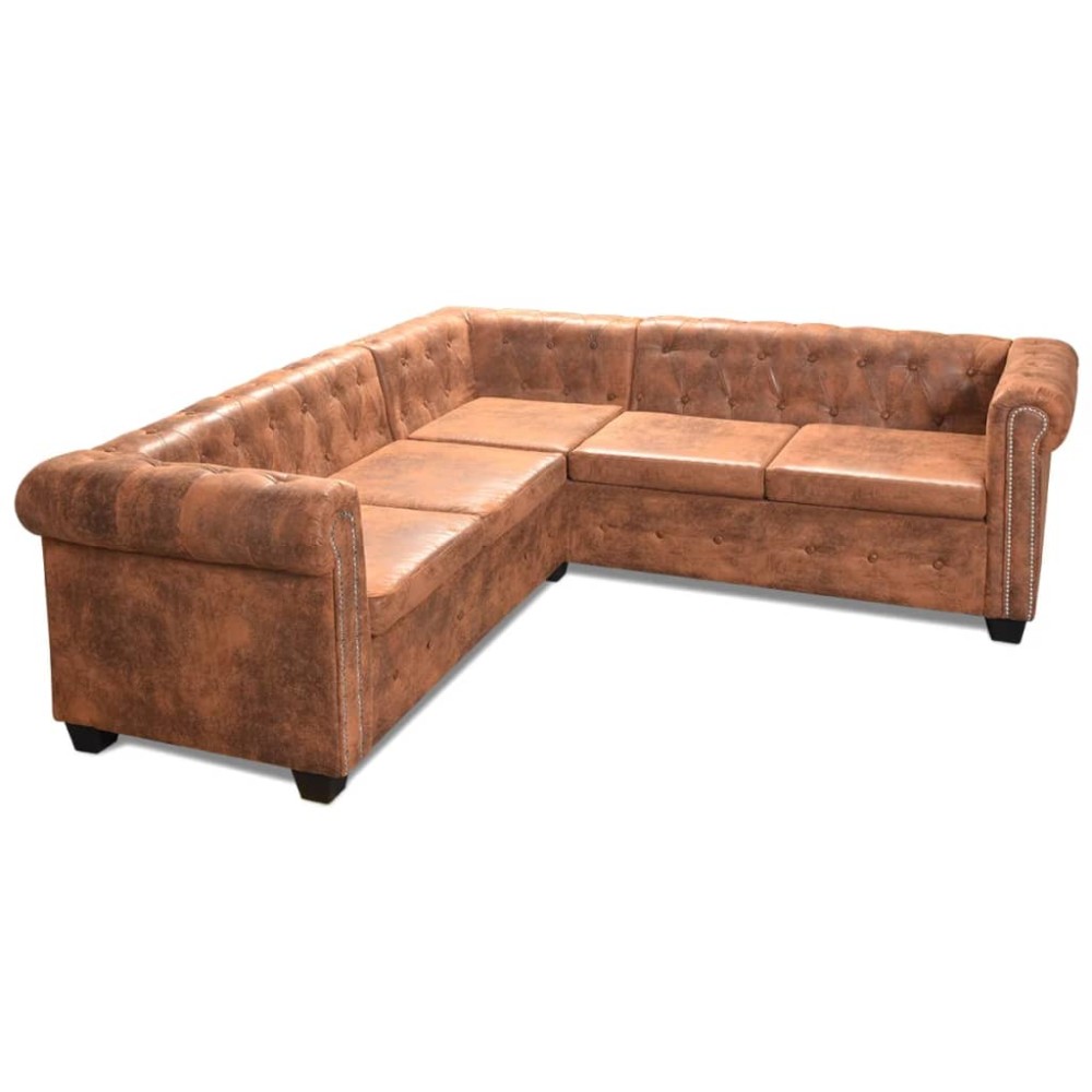 vidaXL Canapea colțar Chesterfield, 5 locuri, maro, piele ecologică