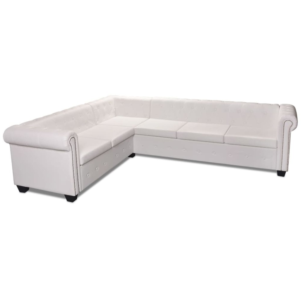 vidaXL Canapea colțar Chesterfield, piele artificială, 6 locuri, alb
