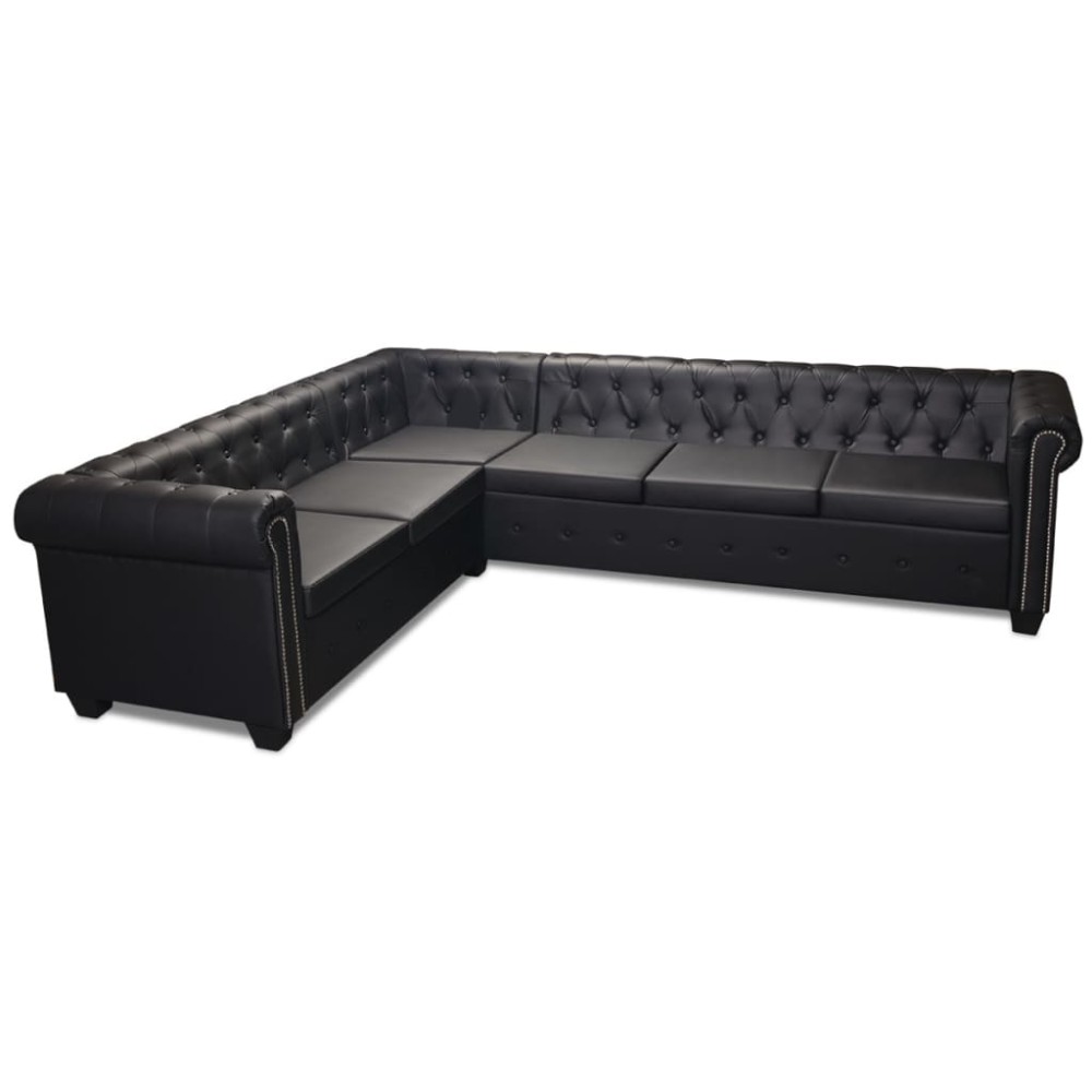 vidaXL Canapea colțar Chesterfield 6 locuri, piele artificială, neagră