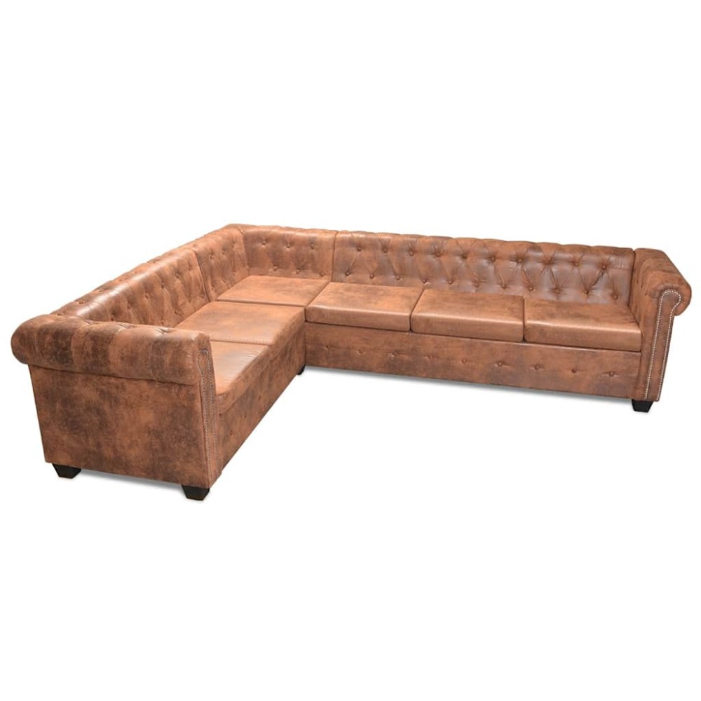 vidaXL Canapea colțar Chesterfield, 6 locuri, piele artificială, maro