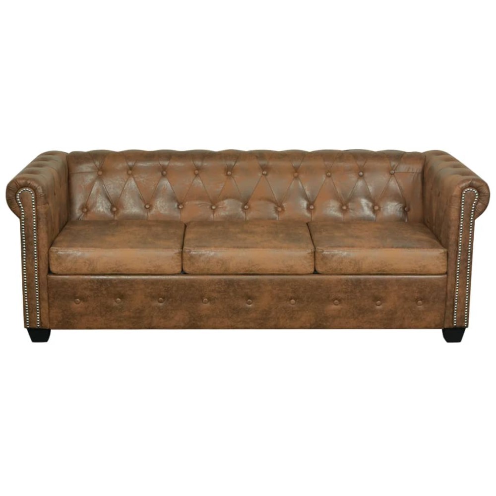 vidaXL Canapea Chesterfield, 3 locuri, maro, piele ecologică