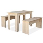 vidaXL Masă și bănci de bucătărie, 3 piese, PAL, culoarea stejarului vidaXL Masă și bănci de bucătărie, 3 piese, PAL, culoarea stejarului