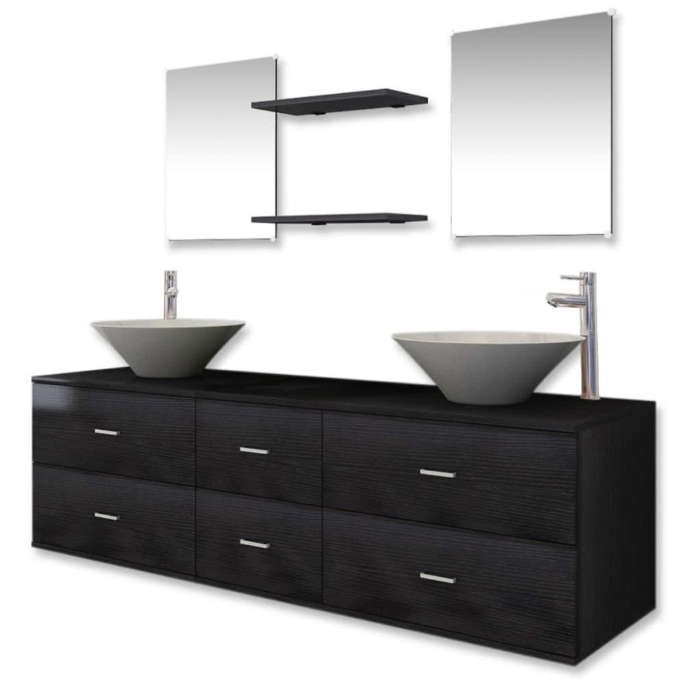 vidaXL Set mobilier de baie, 9 piese, cu chiuvetă și robinet, negru