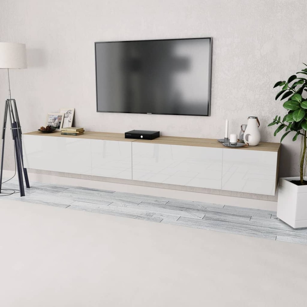 vidaXL Comode TV, 2 buc, PAL, 120x40x34 cm, alb lucios și stejar