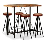 vidaXL Set de bar 5 piese lemn masiv reciclat, piele naturală și pânză vidaXL Set de bar 5 piese lemn masiv reciclat, piele naturală și pânză