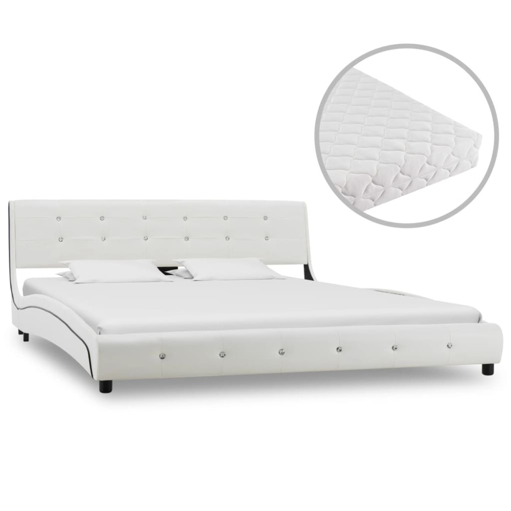 vidaXL Pat cu saltea, alb, 160 x 200 cm, piele ecologică